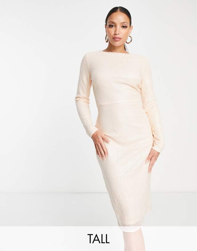 In The Style Tall exclusive sequin long sleeve midi dress in champagne