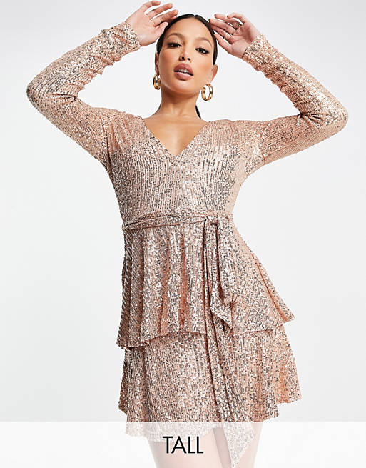 In The Style Tall exclusive sequin plunge front tiered detail mini dress in rose gold