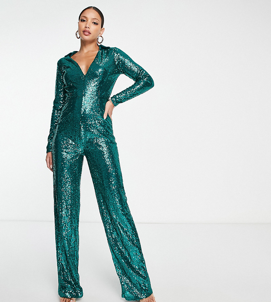 In The Style Tall exclusive sequin plunge front wide leg jumpsuit in green