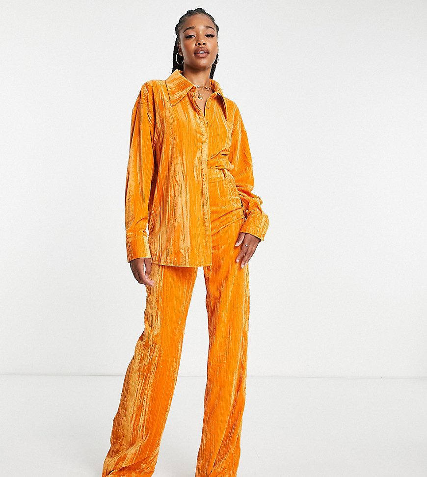 In The Style Tall exclusive velvet oversized shirt co-ord in ochre-Yellow