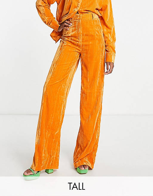 In The Style Tall exclusive velvet wide leg pants in ochre (part of a set)