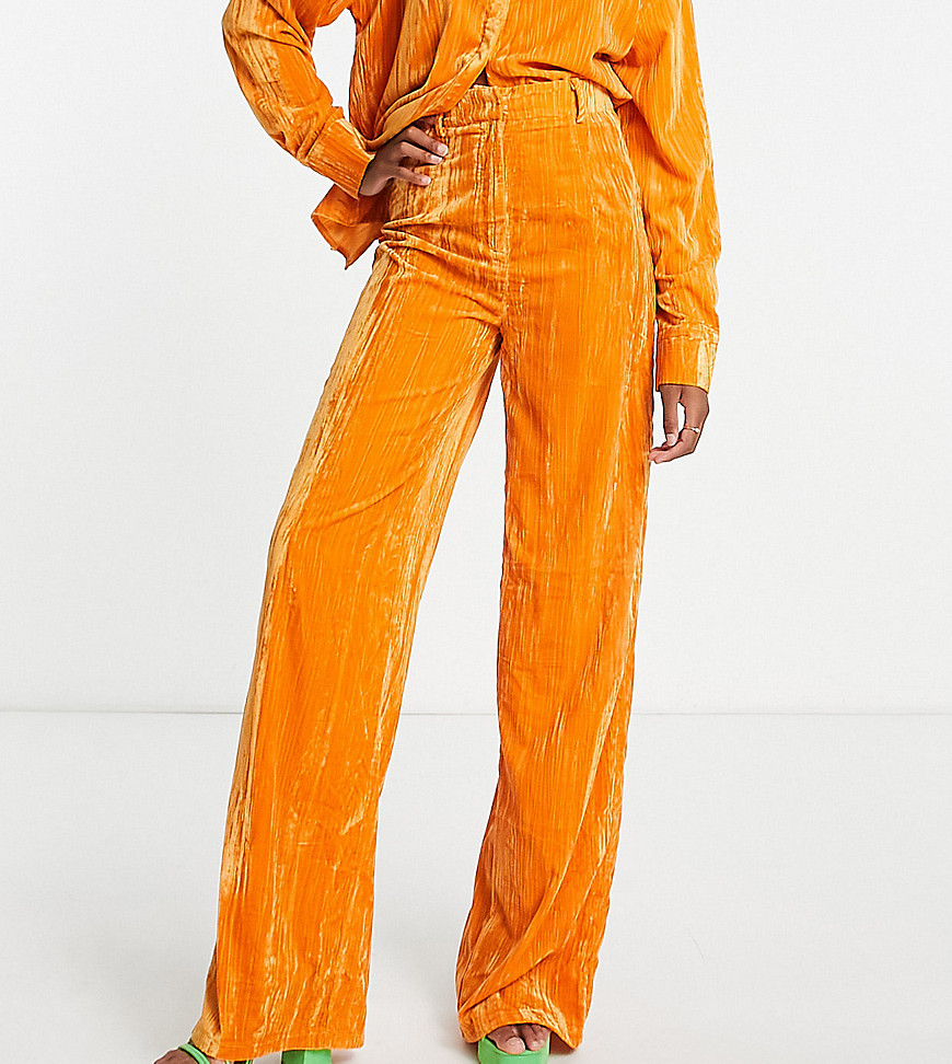 In The Style Tall exclusive velvet wide leg trouser co-ord in ochre-Yellow