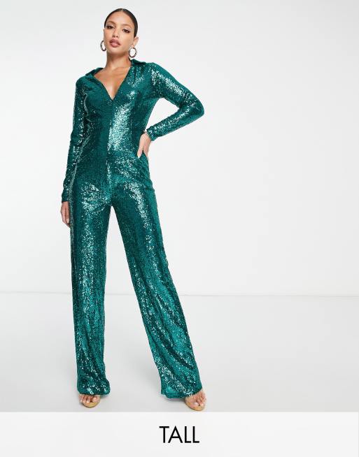 In The Style Tall - Exclusives - Diepuitgesneden jumosuit met lovertjes en wijde pijpen in groen