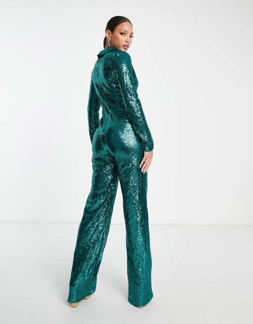 In The Style Tall - Exclusivité - Combinaison ample ornée de sequins avec décolleté plongeant - Vert, 2 de 4