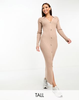 In The Style Tall - Maxi-Strickjackenkleid in Kamelbraun mit durchgehender Knopfleiste-Neutral