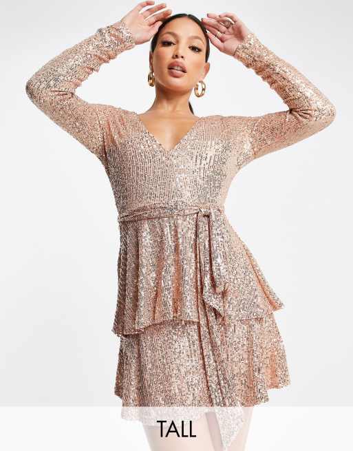 In The Style – Tall – Rosé-guldfärgad panelsydd miniklänning med paljetter, djup urringning framtill och knytning, endast hos ASOS