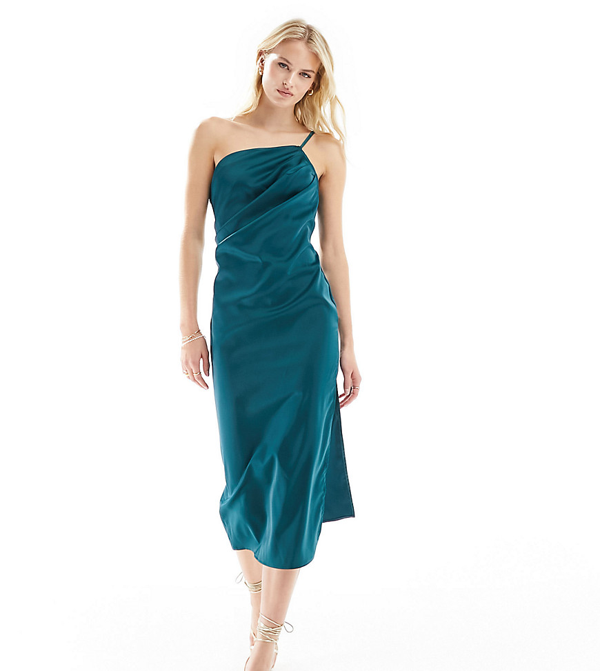 In The Style Tall satin one shoulder strappy midi dress in emerald-Green