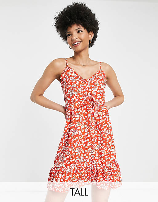 In The Style Tall x Carys Whittaker - Mini jurk met franjes en bloemenprint in rood 