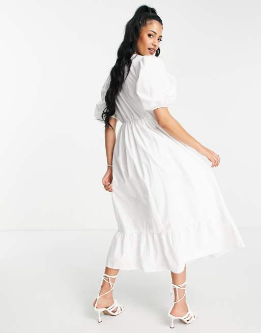 In The Style Tall x Lorna Luxe textured puff sleeve wrap dress in white, 2 of 4