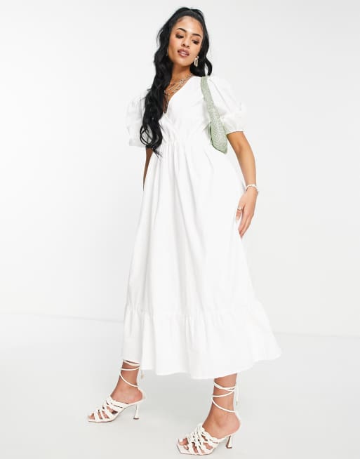 In The Style Tall x Lorna Luxe textured puff sleeve wrap dress in white, 4 of 4