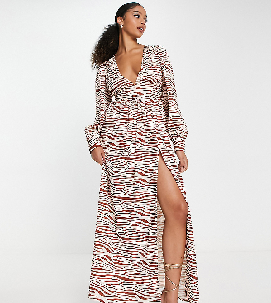 In The Style Tall x Yasmin Devonport exclusive maxi dress with thigh split in tan zebra-Multi