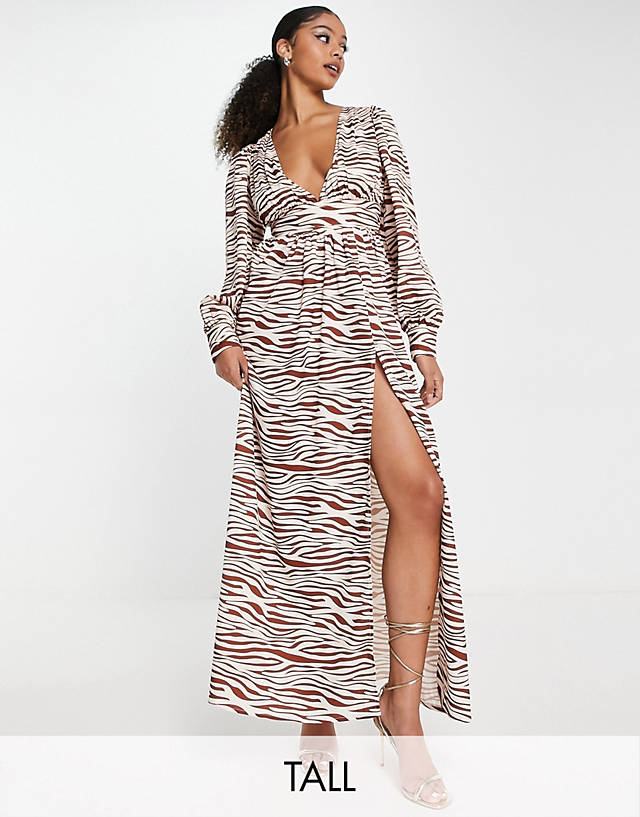 In The Style Tall x Yasmin Devonport exclusive maxi dress with thigh split in tan zebra