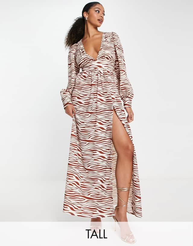 In The Style Tall x Yasmin Devonport exclusive maxi dress with thigh split in tan zebra