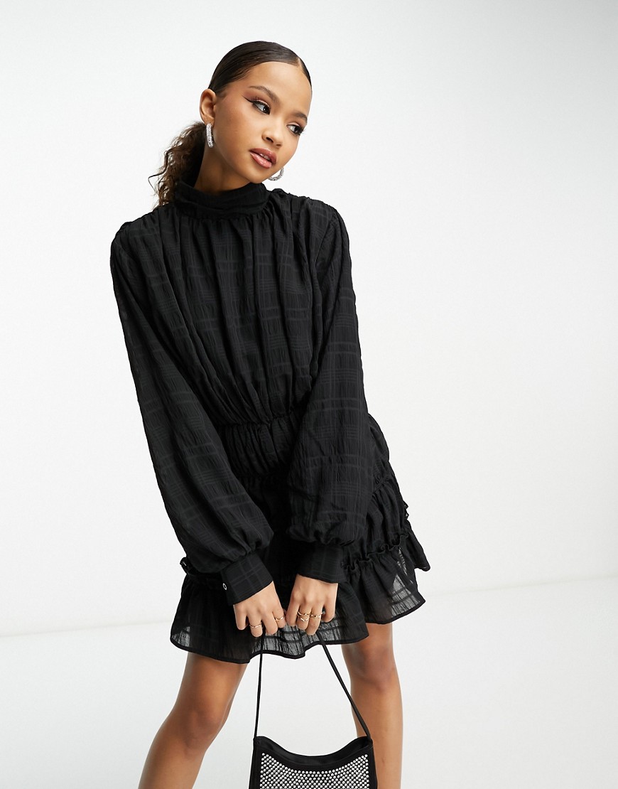 In The Style textured high neck tiered mini skater dress in black