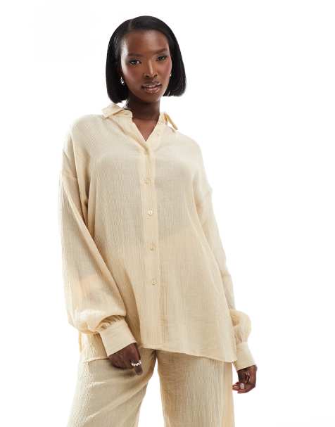 In The Style textured sheer long sleeve shirt co-ord in beige - view 1