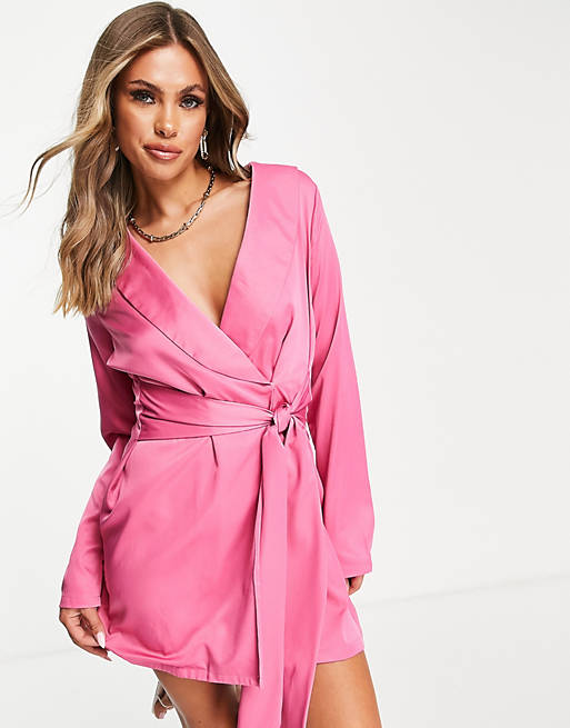 In The Style tie front blazer dress in pink