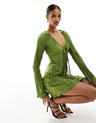 In The Style tie front plisse mini dress in khaki-Green
