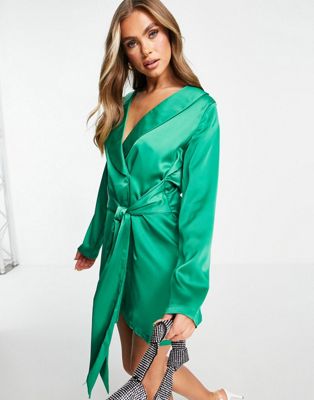 In The Style tie front satin blazer dress in emerald green - ASOS Price Checker
