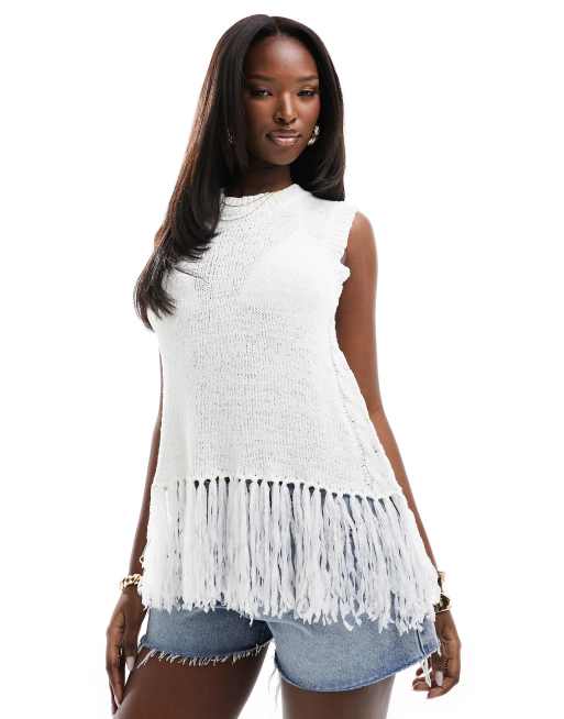 In The Style - Top en maille sans manches à ourlet à franges - Blanc