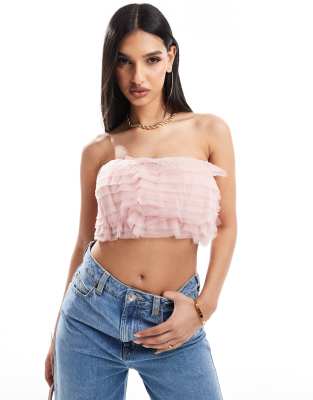 In The Style tulle bandeau crop top in blush-Pink