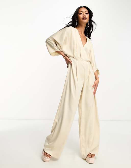 Maxi Jumpsuit With Bat Wing Sleeve and Deep Low V-Neckline