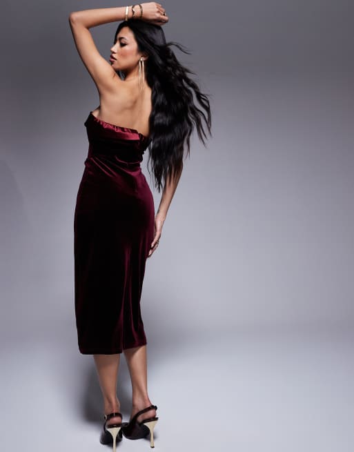 In The Style velvet bandeau midi dress with contrast satin foldover detail in burgundy ASOS