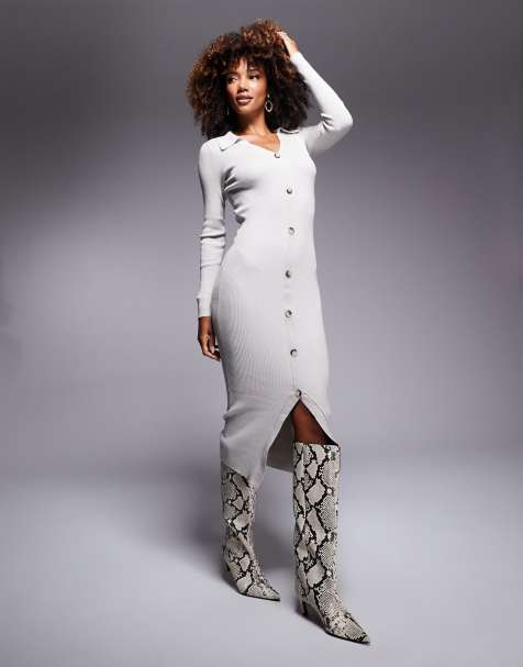 In The Style - Vestito cardigan midi grigio con scollo a V e bottoni - view 1