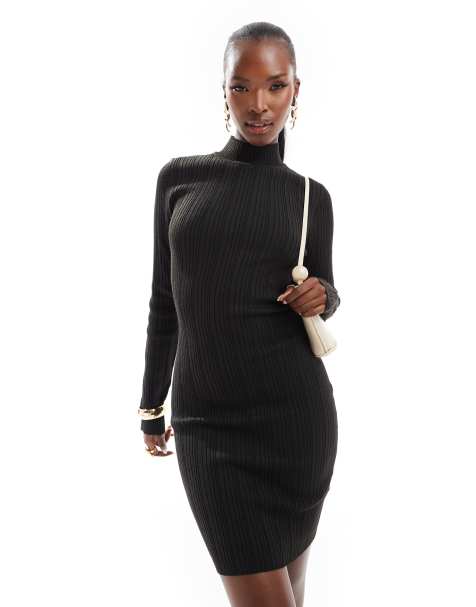 In The Style - Vestito corto fasciante accollato in maglia nero - view 1