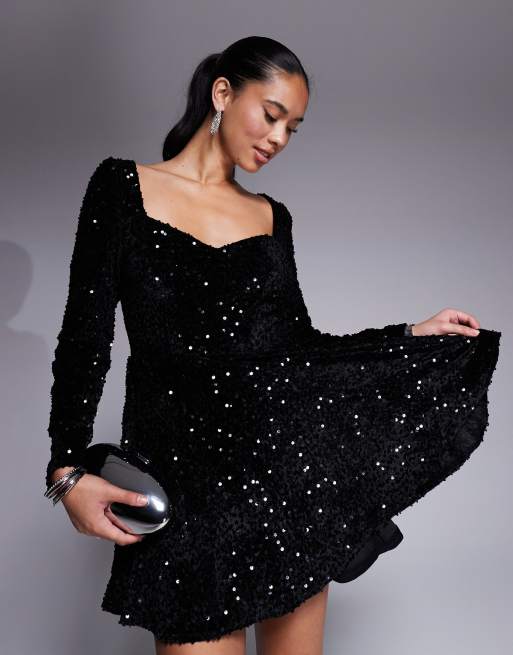 In The Style - Vestito corto nero in velluto con paillettes e scollo a cuore, 2 di 4