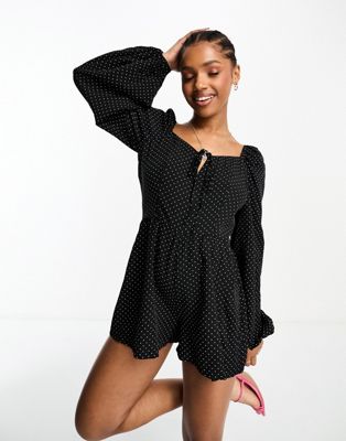 In The Style volume sleeve playsuit in black spot print