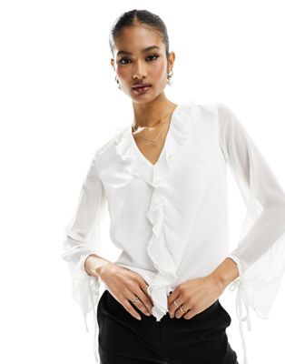 In The Style white frill detail blouse with tie sleeves in white - ASOS Price Checker