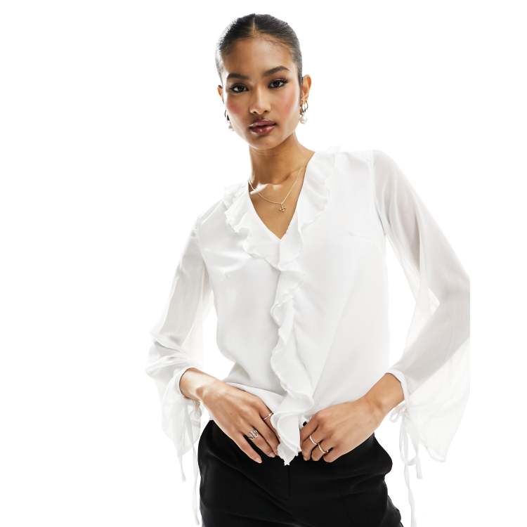 In The Style white frill detail blouse with tie sleeves in white