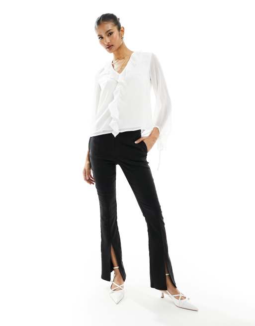 In The Style white frill detail blouse with tie sleeves in white, 2 of 4