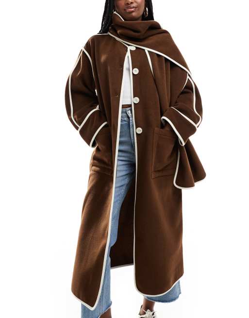 In The Style wool look contrast trim midi coat with detachable scarf in chocolate ASOS