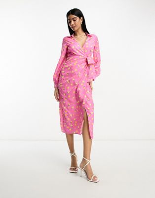 In The Style wrap tie side midi shirt dress in pink print