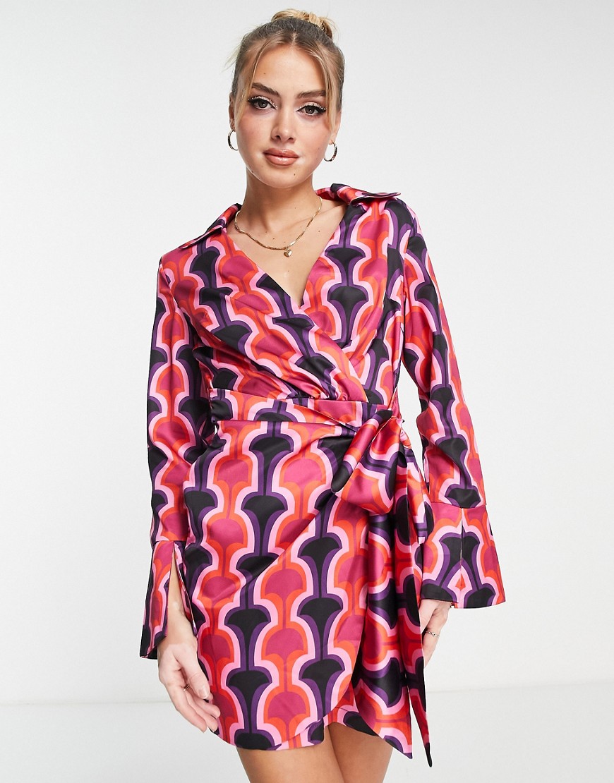 In The Style wrap shirt dress in multi geo print