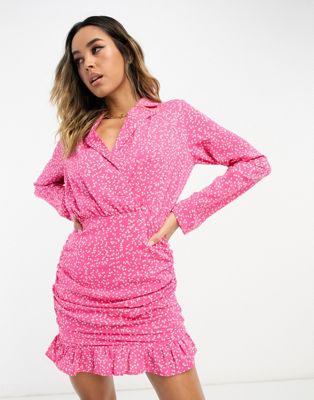 wrap shirt dress with ruched ruffle hem in pink spot print-Multi