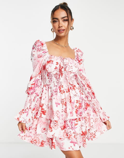 In The Style x Billie Faiers bardot volume sleeve mini ruffle dress in pink floral