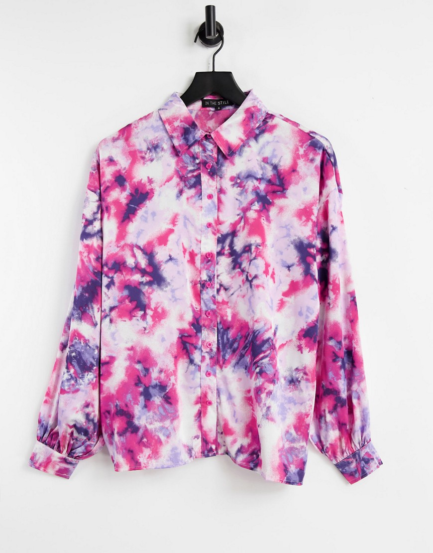 In The Style x Billie Faiers collar detail oversized shirt in pink tie dye-Multi