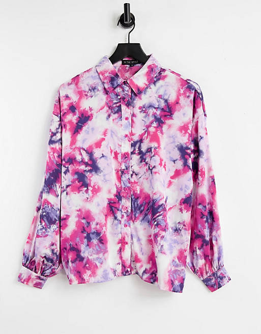 Tops Shirts & Blouses/In The Style x Billie Faiers collar detail oversized shirt in pink tie dye 