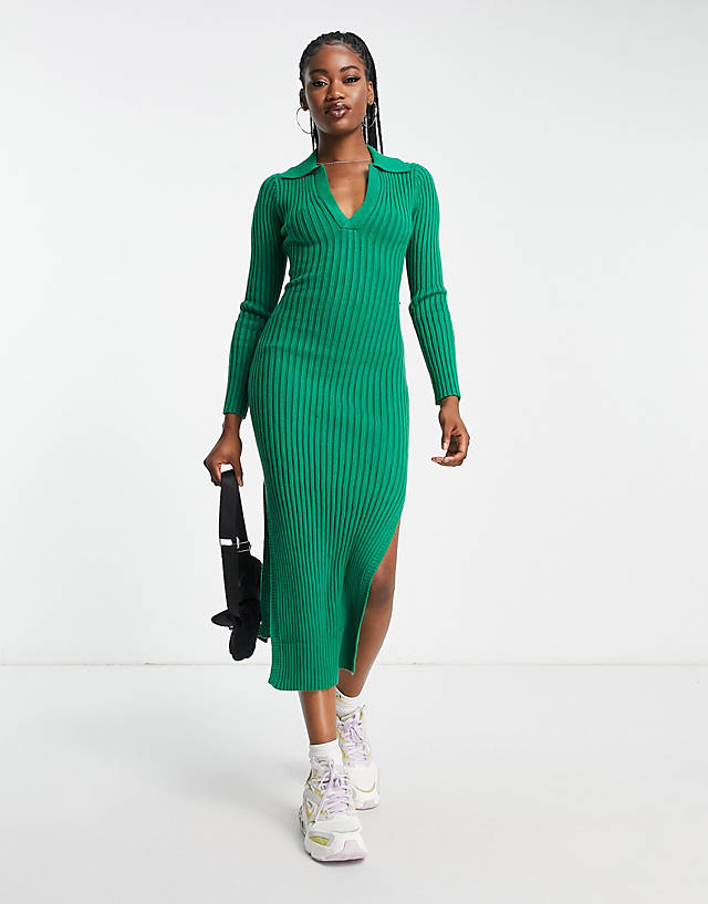 In The Style - x billie faiers exclusive knitted ribbed collar midi dress in green