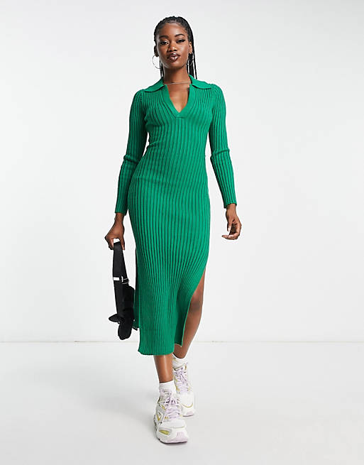 In The Style x Billie Faiers exclusive knitted ribbed collar midi dress in green