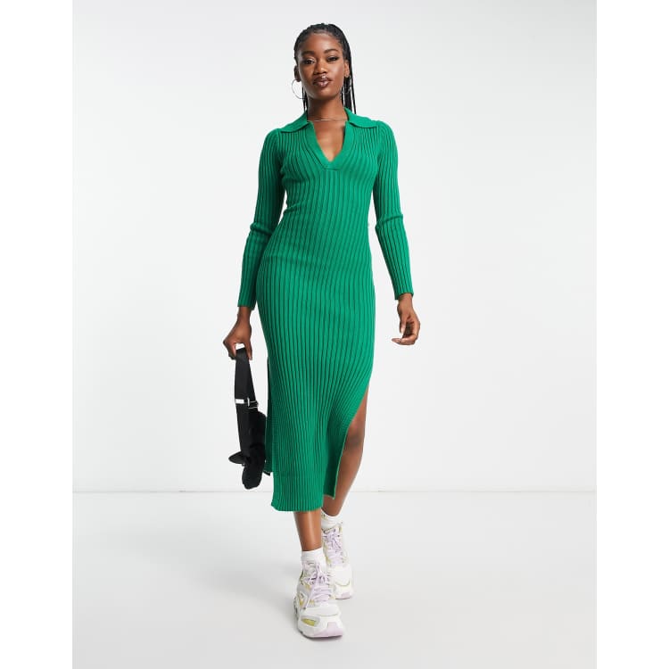 In The Style x Billie Faiers exclusive knitted ribbed collar midi dress in  green