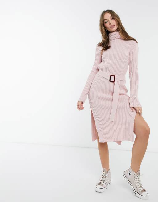 In The Style x Billie Faiers - Gebreide jurk met col en riem in roze