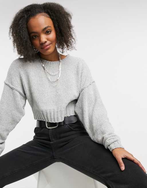 ASOS DESIGN Petite Cropped Jumper In Mini Cable Stitch In Grey