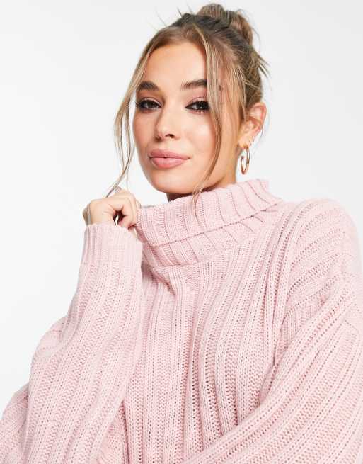 In The Style x Billie Faiers knitted oversized roll neck sweater dress in pink ASOS