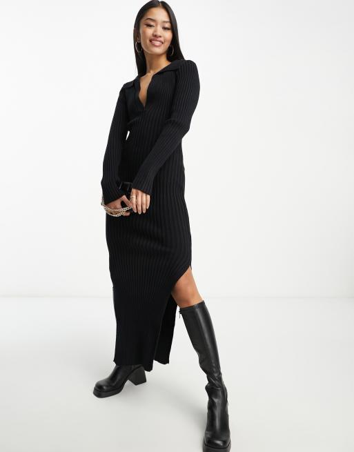 In The Style x Billie Faiers knitted ribbed collar detail midi dress in black