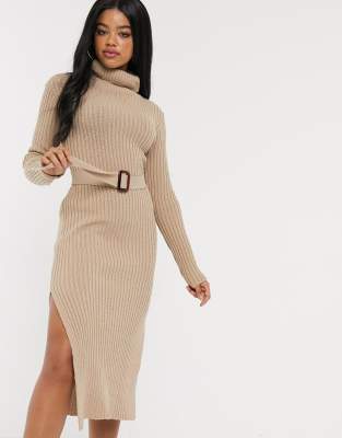 In The Style x Billie Faiers knitted roll neck midi dress with belt in camel-Brown