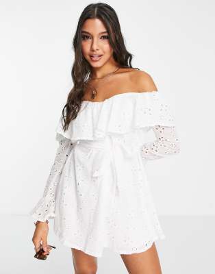 In The Style X Billie Faiers Lace Embroidered Off Shoulder Mini Skater Dress In White