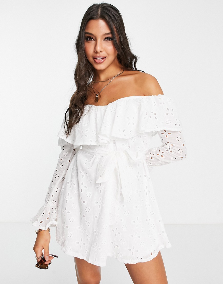 x Billie Faiers lace embroidered off shoulder mini skater dress in white